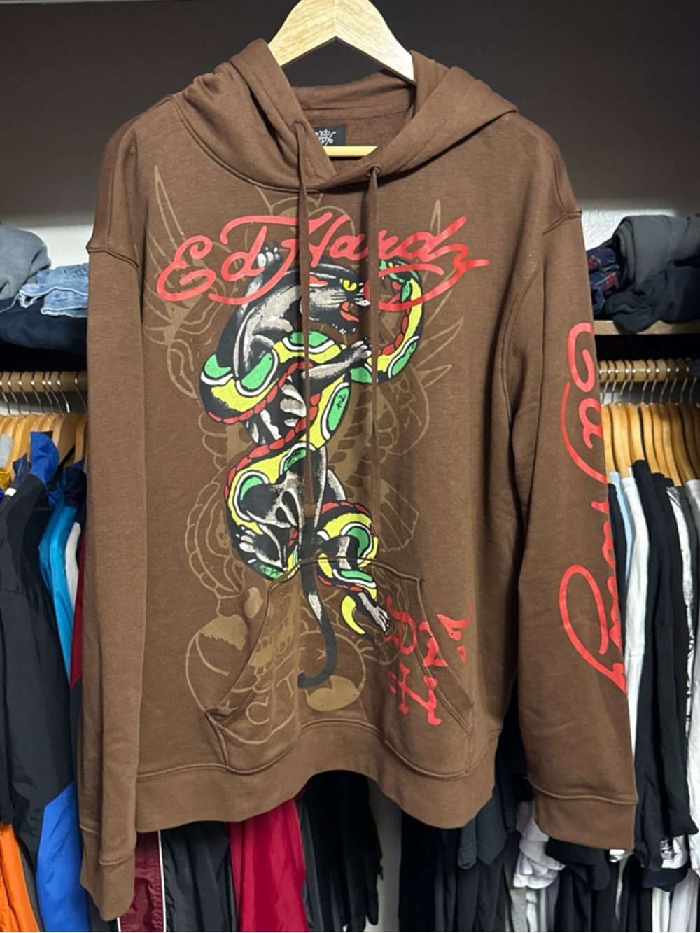 Y2K Ed Hardy Panther Snake Double Sided Brown Graphic Hoodie, Men’s XL